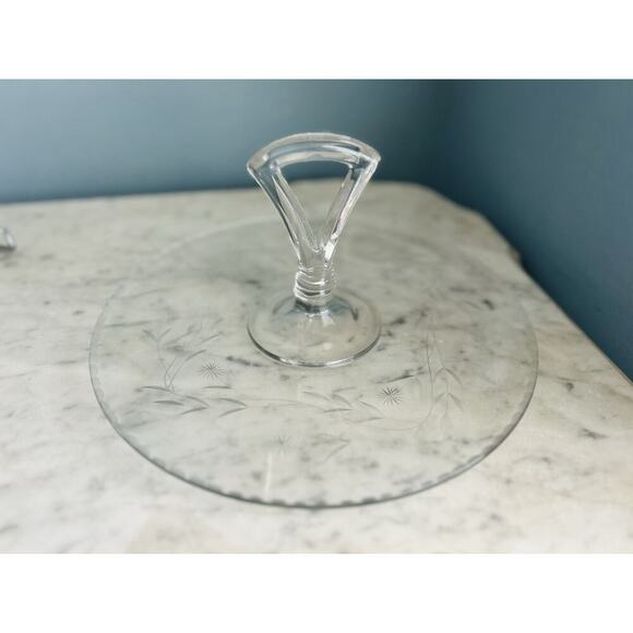 Vintage Tidbit 11” Serving Tray Dish Etched Glass Handle Floral Scallop Trim - Picture 14 of 16